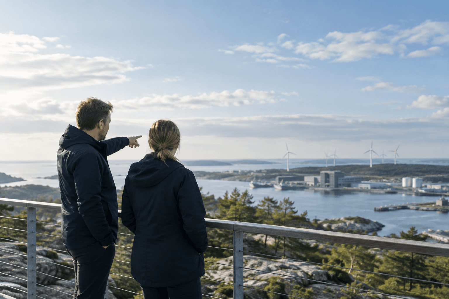 Two colleagues looking out over a Nordic coastal industrial site