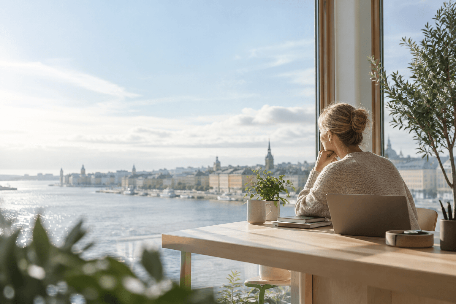 A professional at a bright waterside workspace in a Nordic city